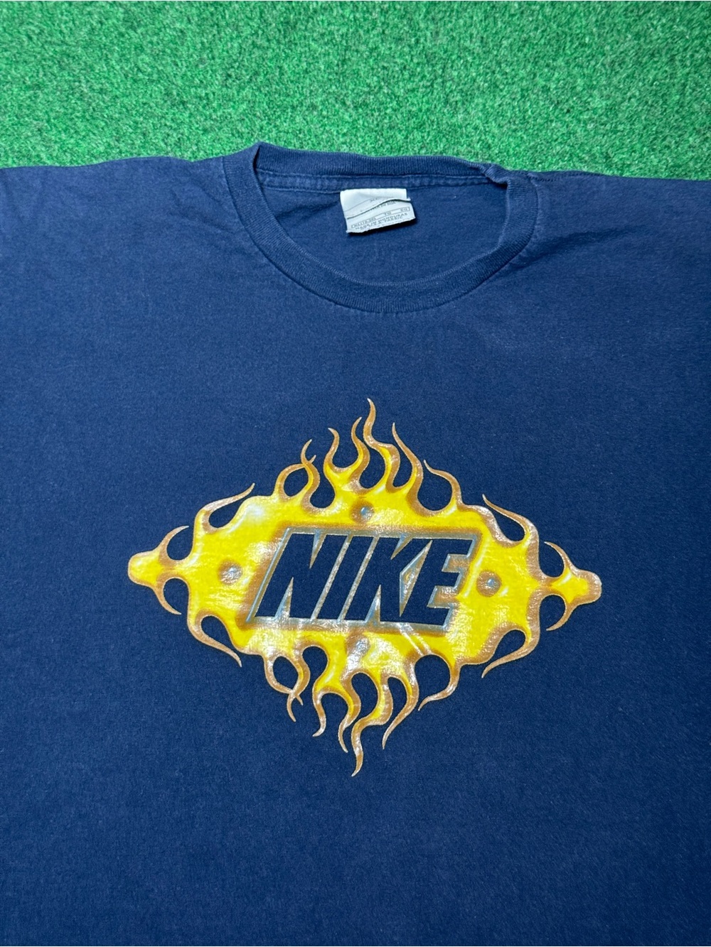 Vintage 90s Y2K Nike Flame T-shirt, Iconic Check Navy Blue Hypebeast (Small)